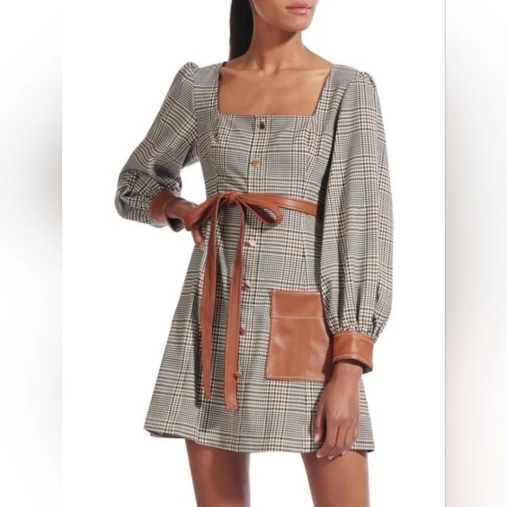 STAUD Plaid Mini Dress Size 8 Glen Check Gray Brown Faux Leather Minimalist Boho - Picture 2 of 16